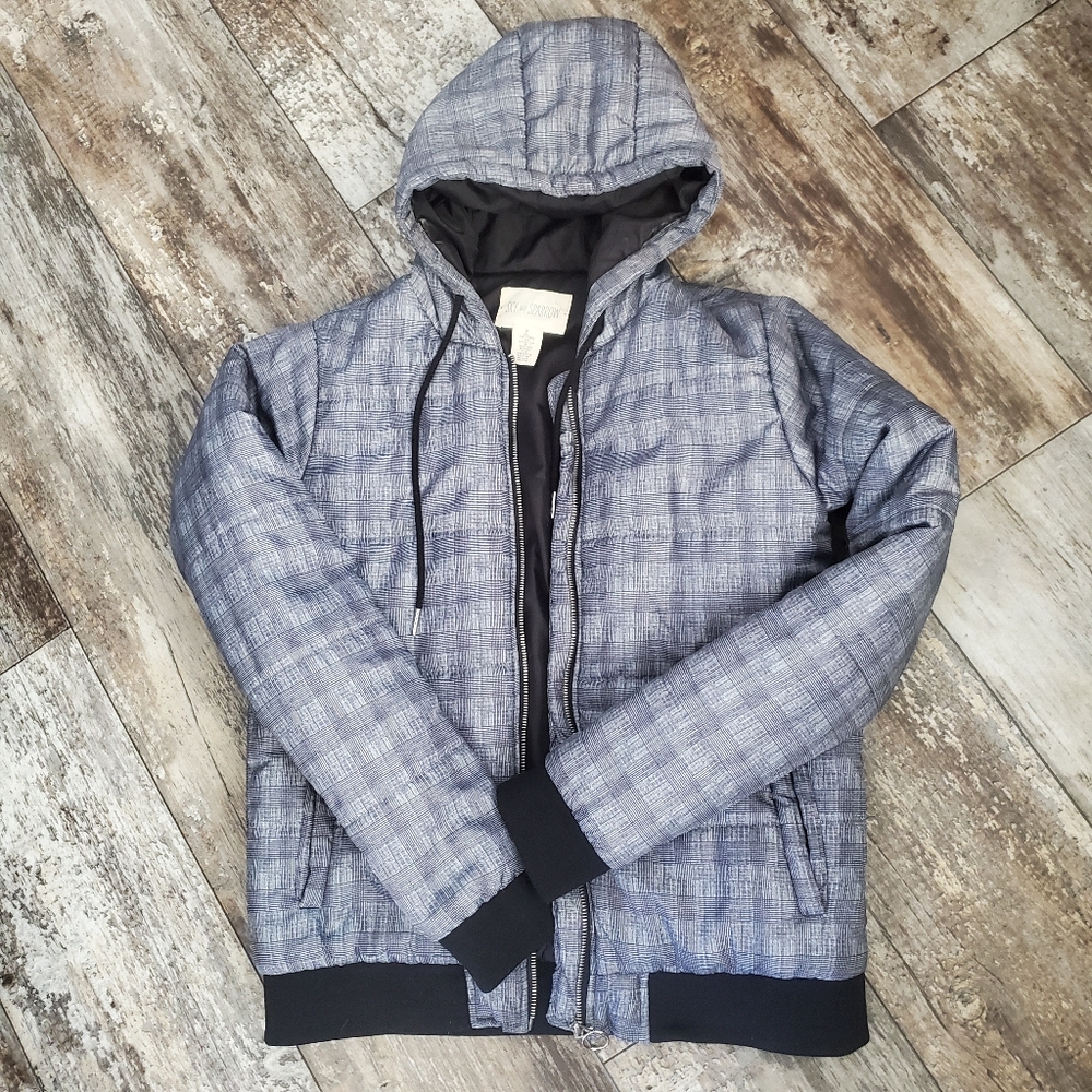 Anthropologie Sky and Sparrow Gray Combo Hooded Plaid Puffer Jacket Women Med